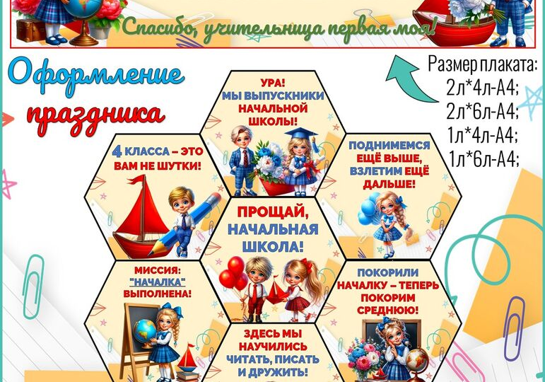 Оформление на выпускной в начальной школе "Прощай,начальная школа!". Плакат и гексы.