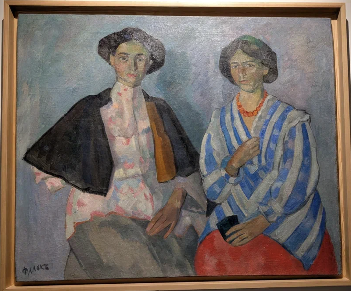 На картине изображены (справа налево) Елизавета Сергеевна Потехина, первая жена художника, и ее подруга Анастасия Константиновна Бобровская.