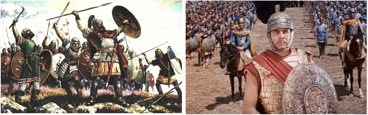 Готские воины (слева) и армия Восточной Римской империи (Византии). Изображения взяты из открытых источников.