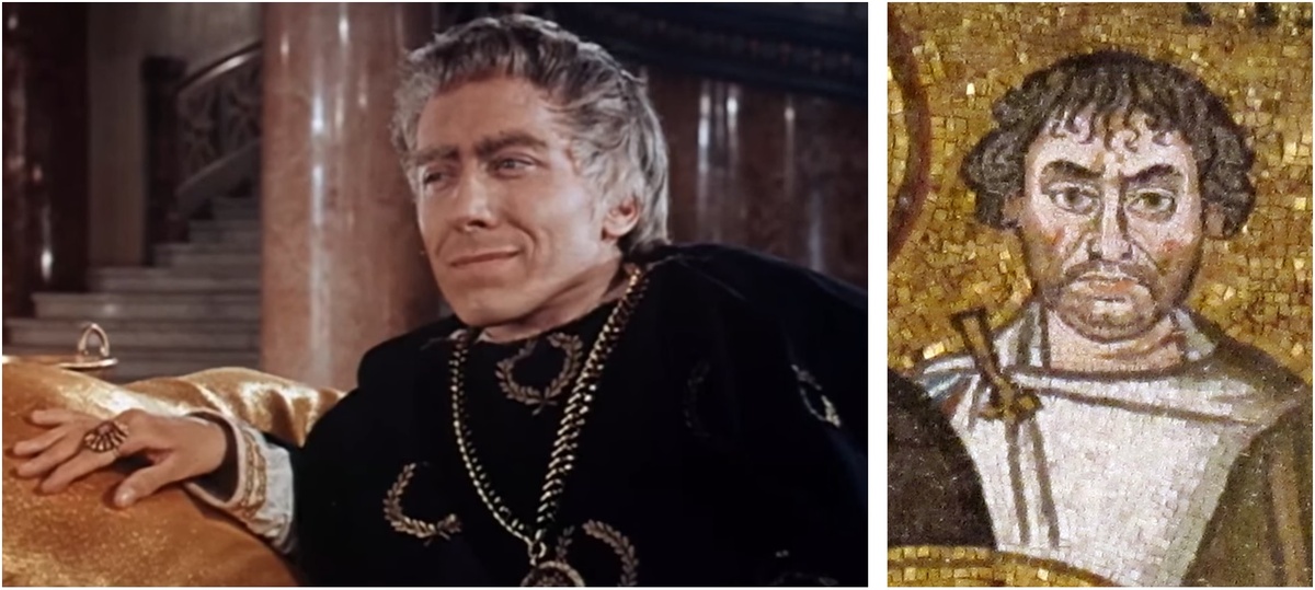 Майкл Данн в роли полководца Нарсеса в фильме «Битва за Рим» (1968 г.) и сам Нарсес в изображении византийских художников-мозаистов VI века. Изображения из открытых источников.