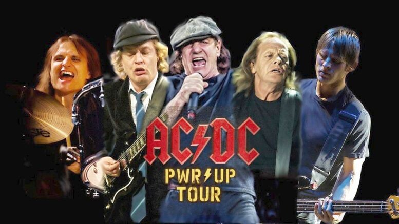 Коллаж: музыканты AC/DC в 2024 году. Слева направо: Matt Laug, Angus Young, Brian Johnson, Stevie Young, Chris Chaney