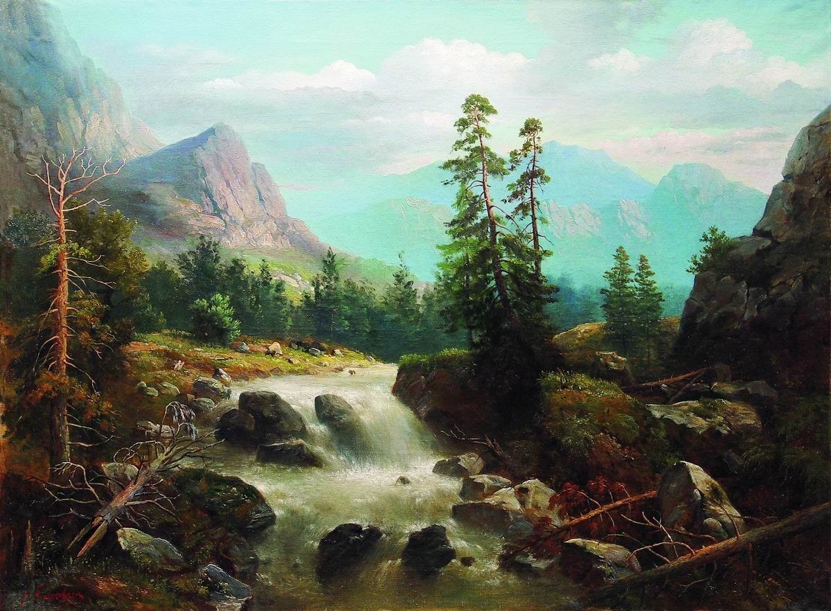 "Горный пейзаж с рекой", 1880-е годы. Холст, масло 91 х 123 см. Частное собрание

