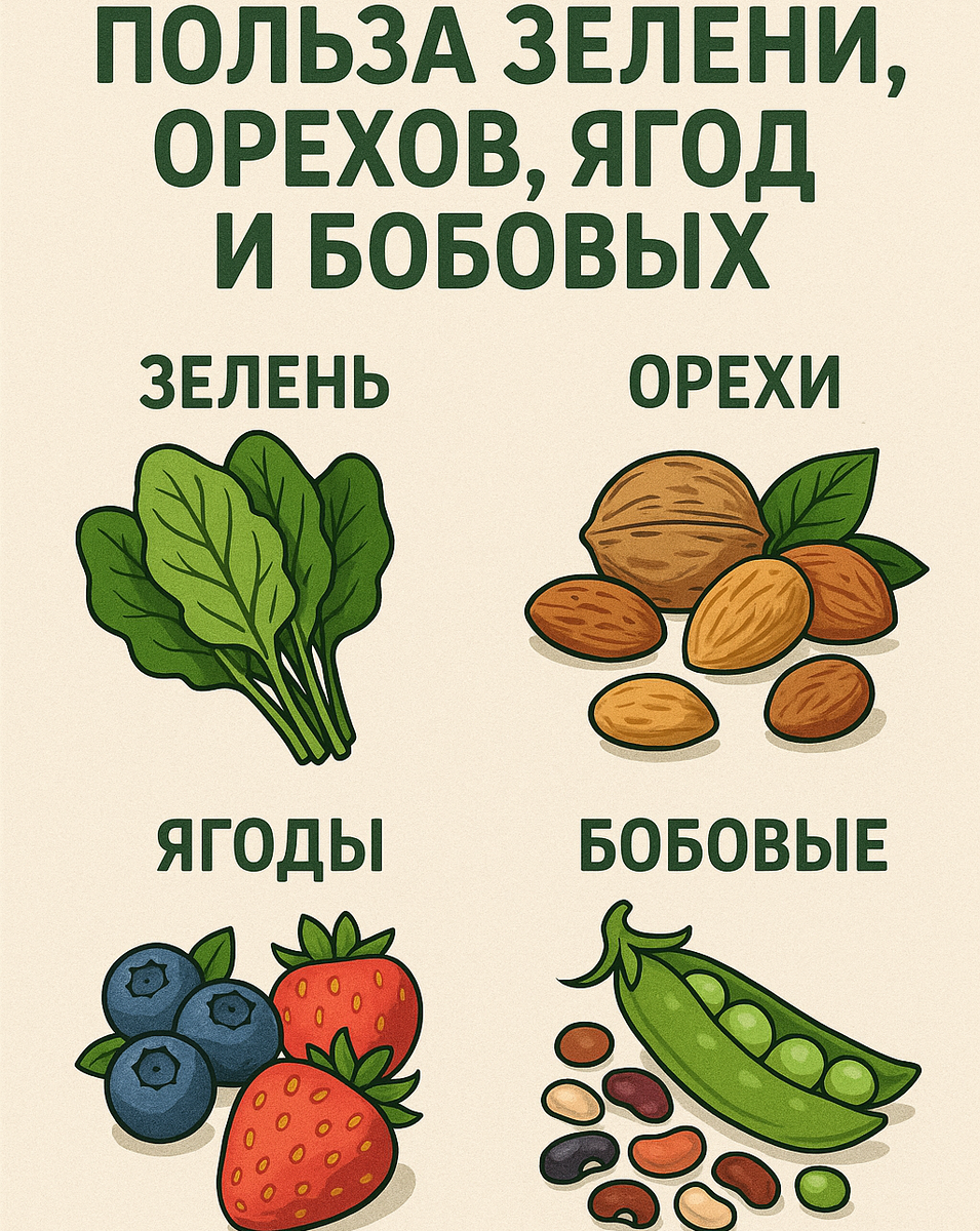 Польза зелени, орехов, ягод и бобовых  