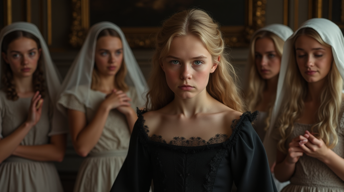 24-летняя Дарья Салтыкова в окружении дворовых девок, которых она ненавидит за их счастье.