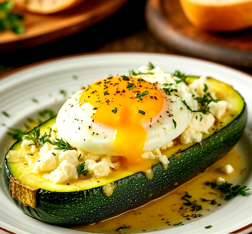 1. КАБАЧОК ФАРШИРОВАННЫЙ ТВОРОГОМ, СЫРОМ, СВЕРХУ СЫР ФИТАКСА И ЯЙЦО.