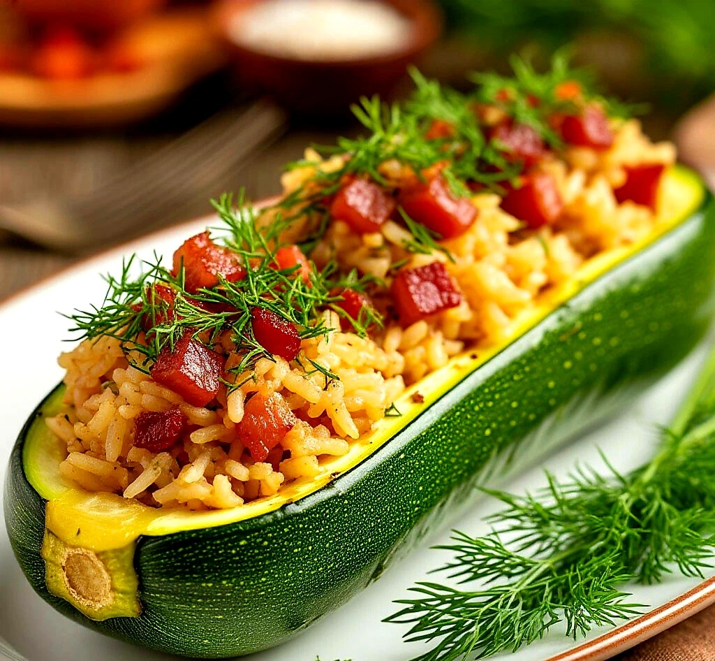 2.КАБАЧОК ФАРШИРОВАННЫЙ РИСОМ,УКРОПОМ, БЕКОНОМ( ИЛИ ШКВАРКАМИ ИЗ САЛА)