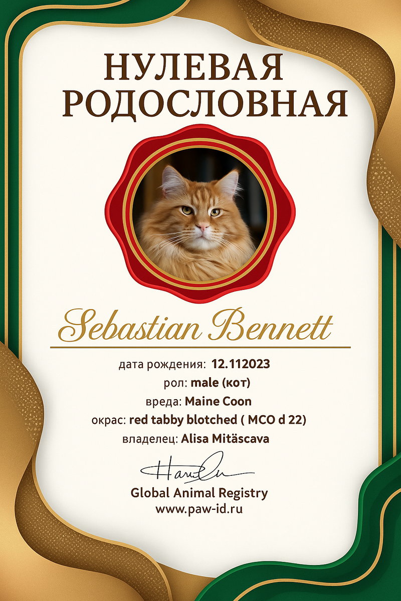 Образец Нулевой родословной в Глобальном реестре животных (GAR) по системе RAWID