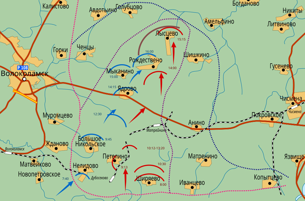 Прорыв немецких войск на Волоколамском направлении 16-21 ноября 1941 года. Красными стрелками отмечено продвижение 1-й боевой группы сквозь боевые порядки 1075-го стрелкового полка на участке Нелидово-Дубосеково-Ширяево