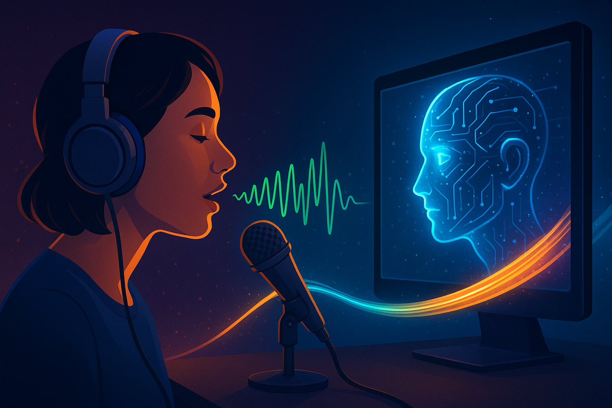 Футуристичная сцена живого голосового диалога: человек говорит в микрофон, а на мониторе светится цифровое «лицо» ИИ, соединённое с ним ярким оптоволоконным потоком, символизирующим задержку всего ~500 мс.