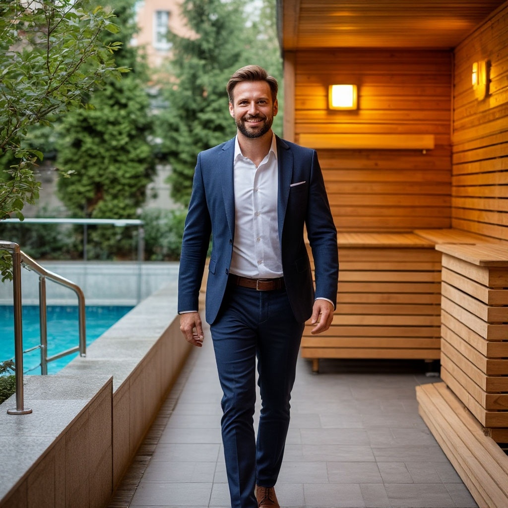 Довольный человек идёт из офиса в баню