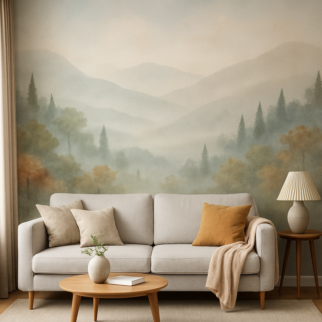 Фреска с природой, пейзаж или пастельный градиент, визуально расширяющий пространство