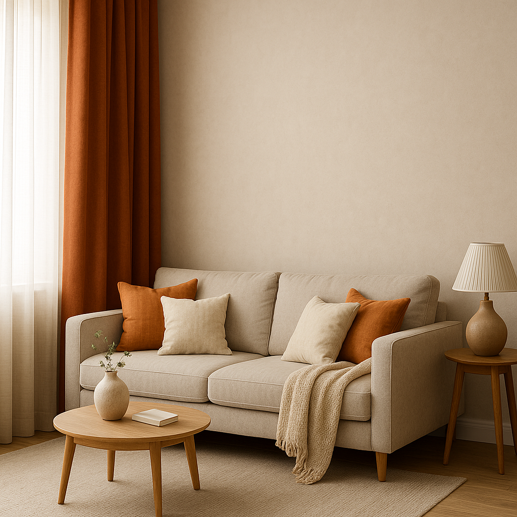 Интерьер с новыми тёплыми шторами, диванными подушками, пледом