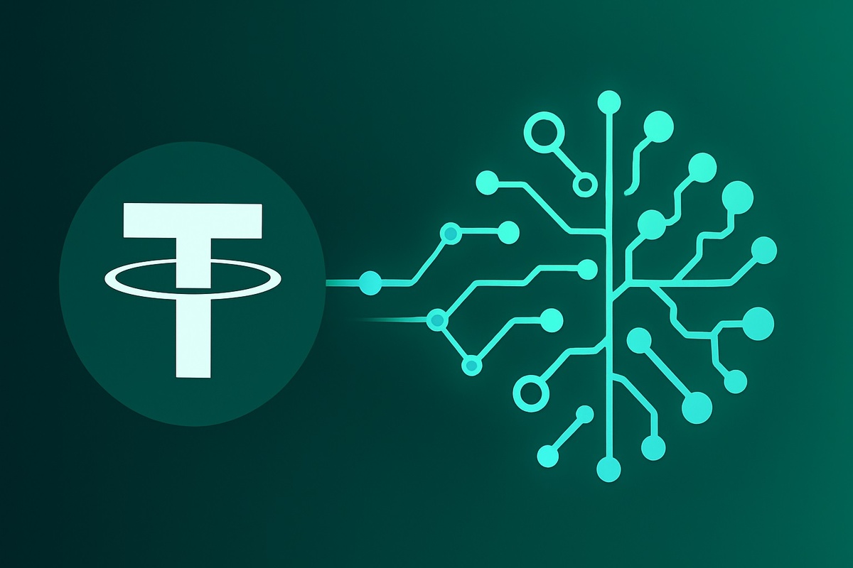 Стилизованное изображение, соединяющее логотип Tether с нейронной сетью, символизируя слияние блокчейна и искусственного интеллекта.