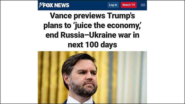    Fox News: "Вэнс анонсирует планы Трампа по оживлению экономики и прекращению российско-украинской войны в течение следующих 100 дней". Скриншот: страница сайта издания