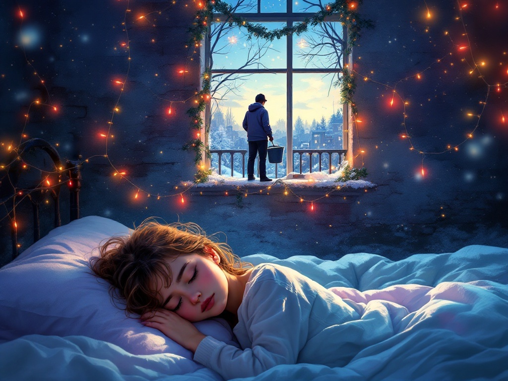    К чему такое снится: Художник изобразил человека, который стоит с ведром и мопом в подъезде старого дома. Окна подъезда украшены новогодними гирляндами, что указывает на близость праздни