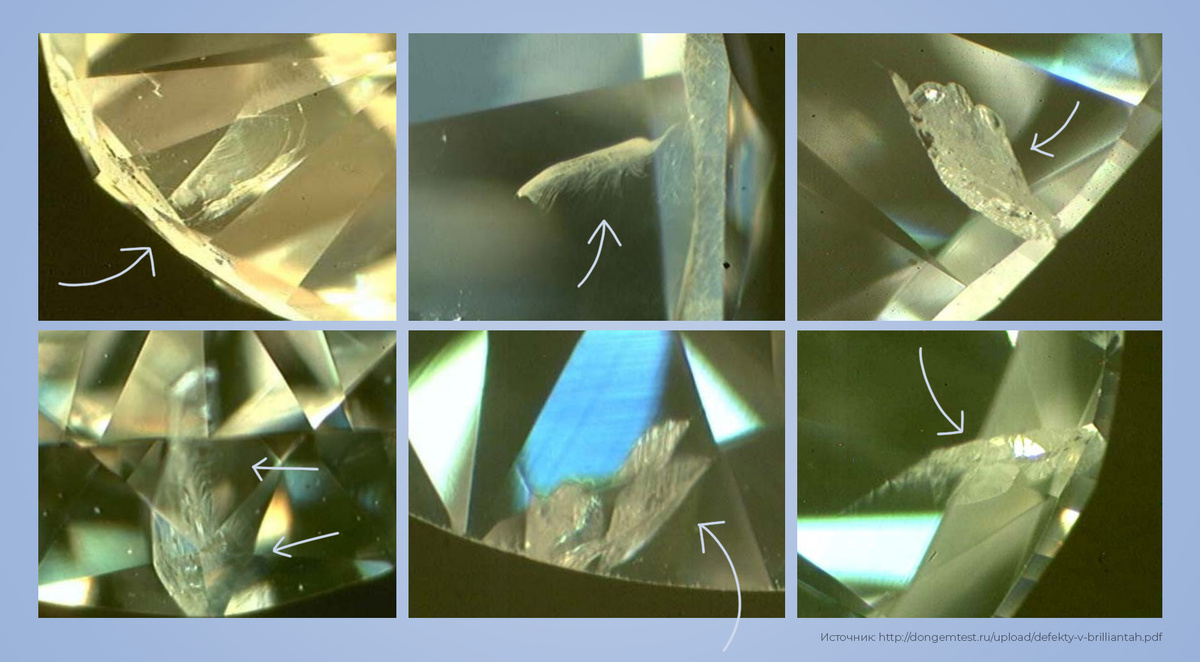 Включения перьевидной формы в природных бриллиантах