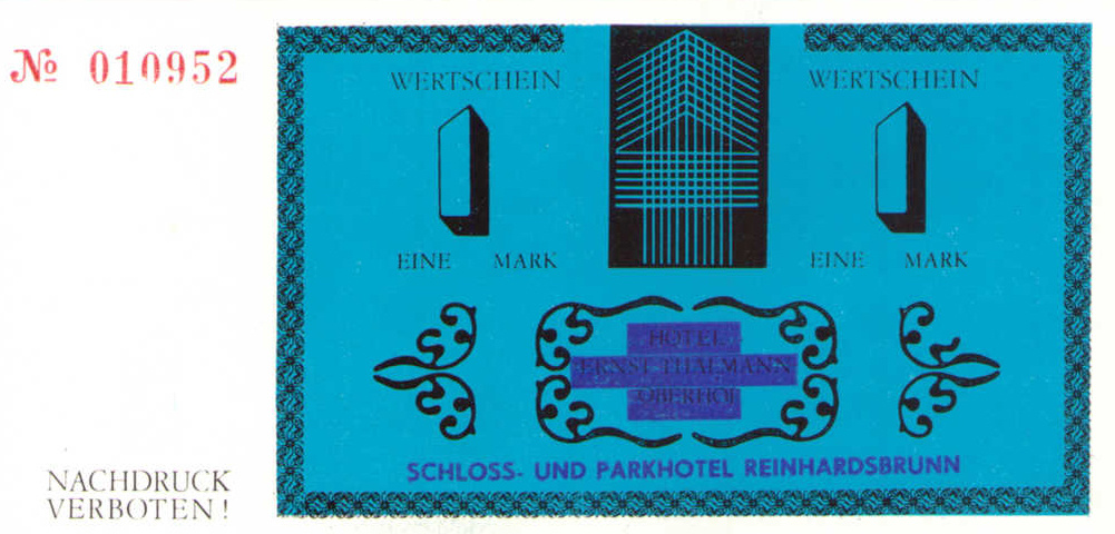 Отель Эрнста Тэльманна в Оберхоффе. 1 марка. (аверс)