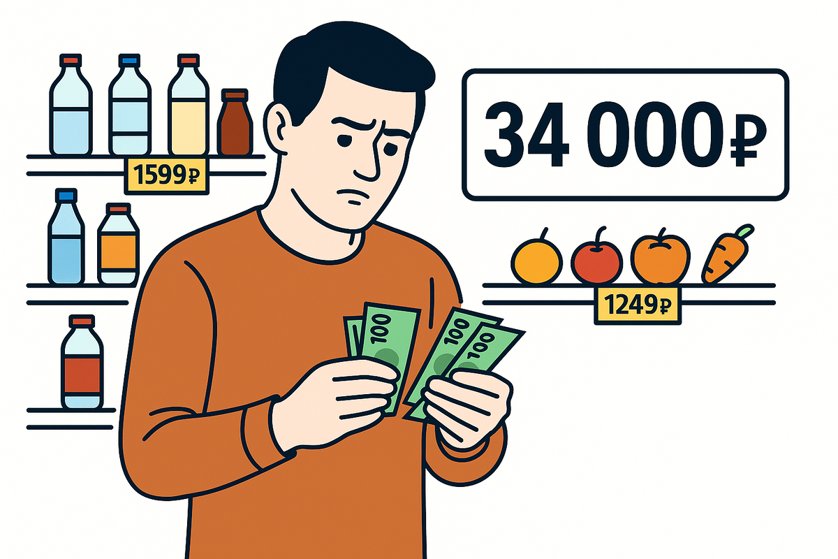 Человек считает деньги. На заднем фоне полки с товарами с высокими ценниками