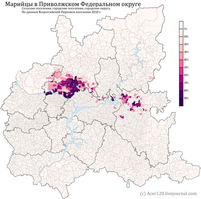 Расселение марийцев в ПФО по городским и сельским поселениям в %. Фото из свободных источников в Интернете.