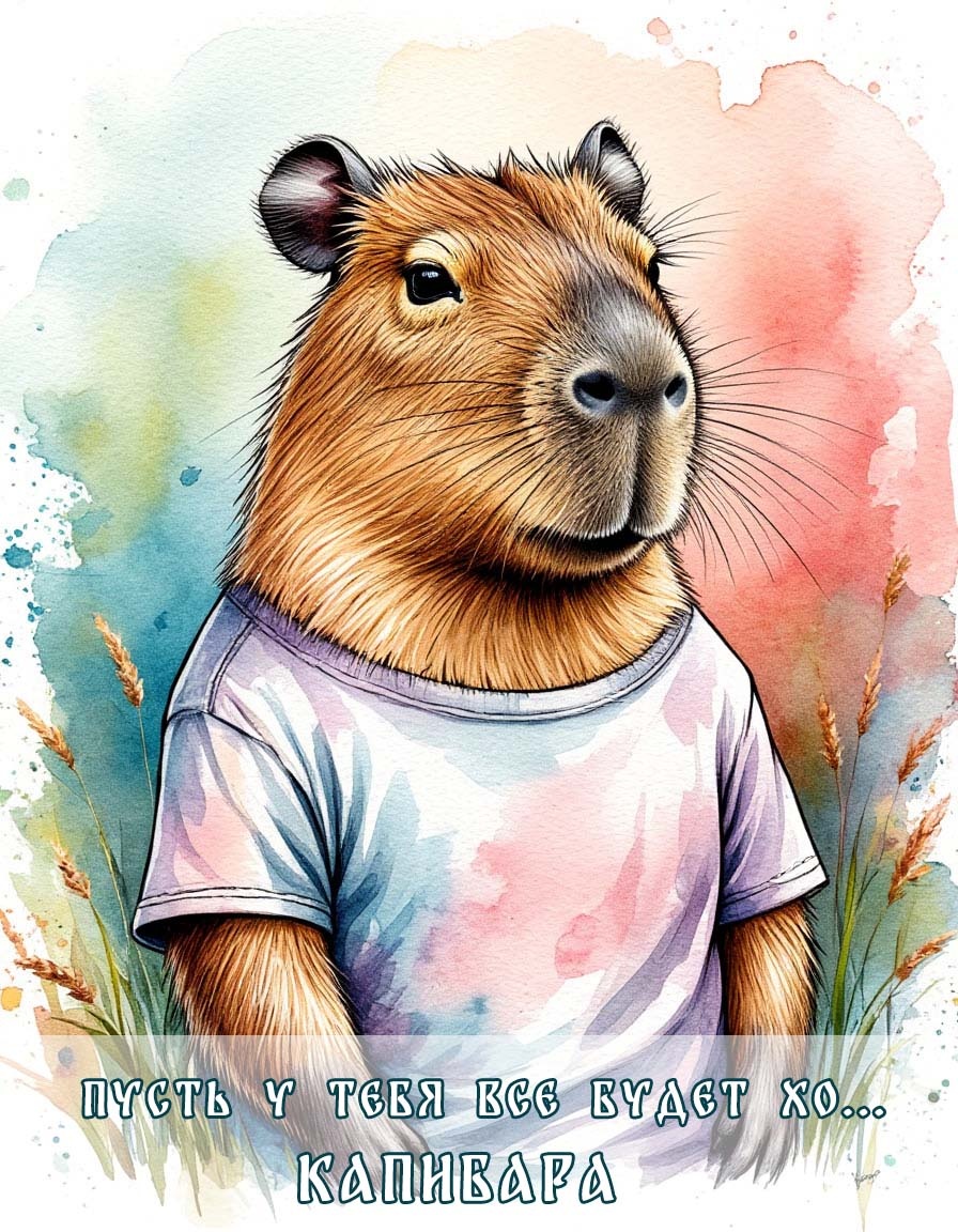 Открытка «Капибара» — изображение, созданное нейросетью по моему запросу и оформленное вручную