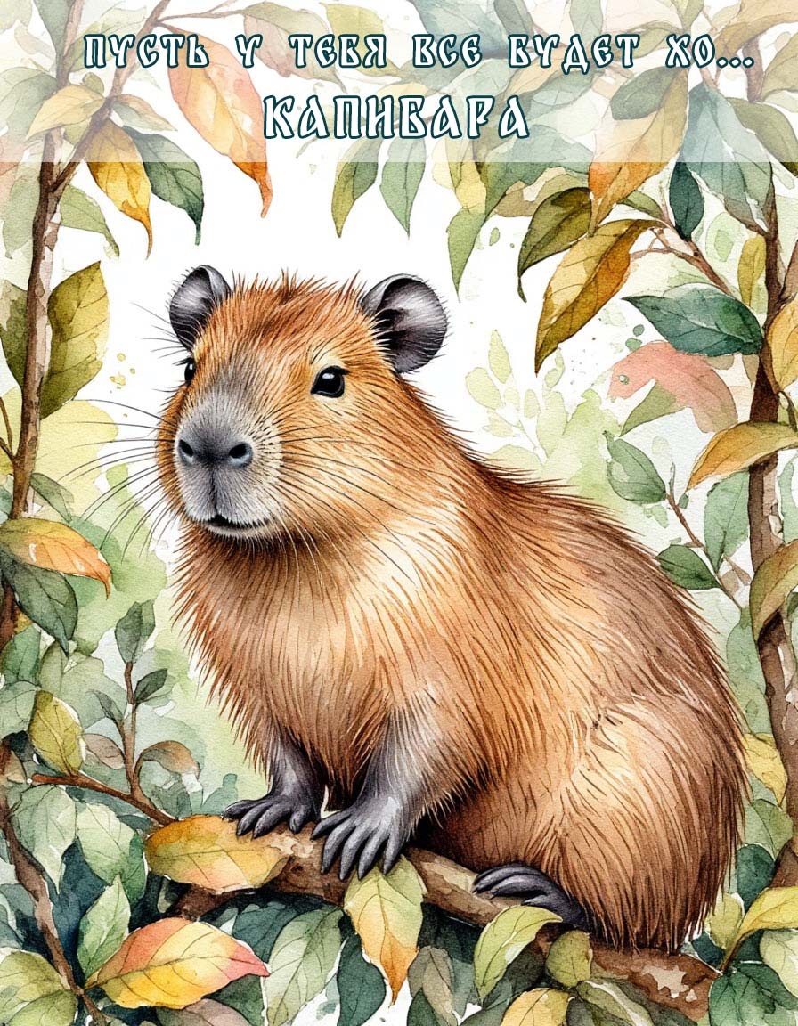 Открытка «Капибара» — изображение, созданное нейросетью по моему запросу и оформленное вручную