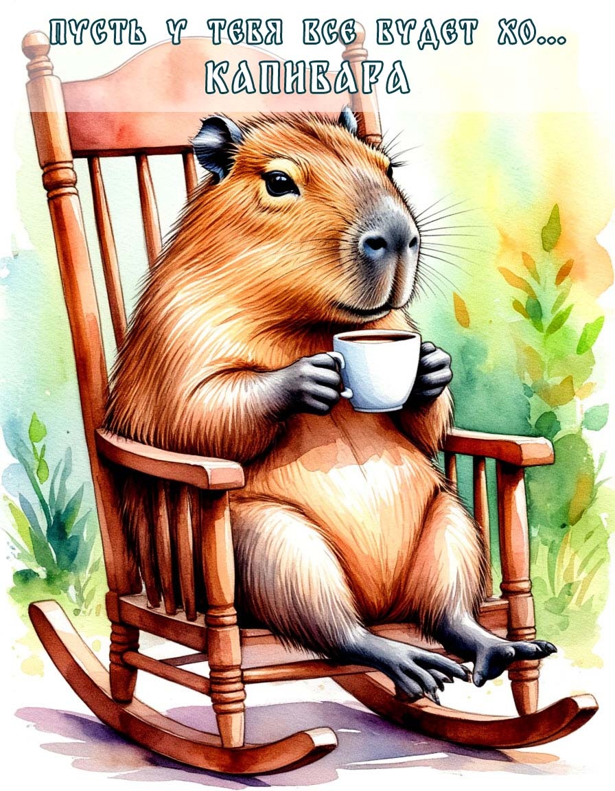 Открытка «Капибара» — изображение, созданное нейросетью по моему запросу и оформленное вручную