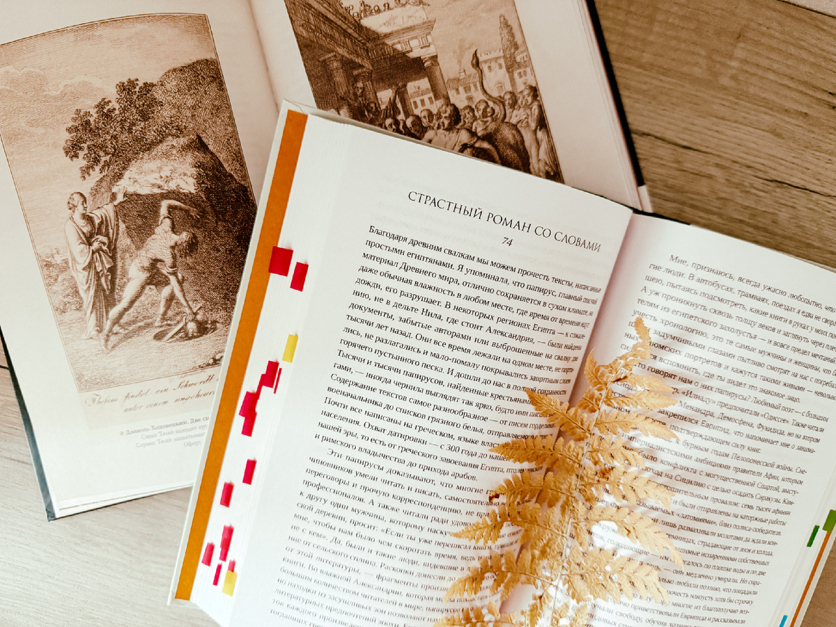 Вся книга в заметках. Много интересных мыслей, исторических моментов и фактов, которые хотелось отметить, чтобы к ним вернуть чуть позже. Еще не раз обращусь к этому труду. Вас тоже ждет «страстный роман со словами», если решитесь на знакомство с этой книгой 😉