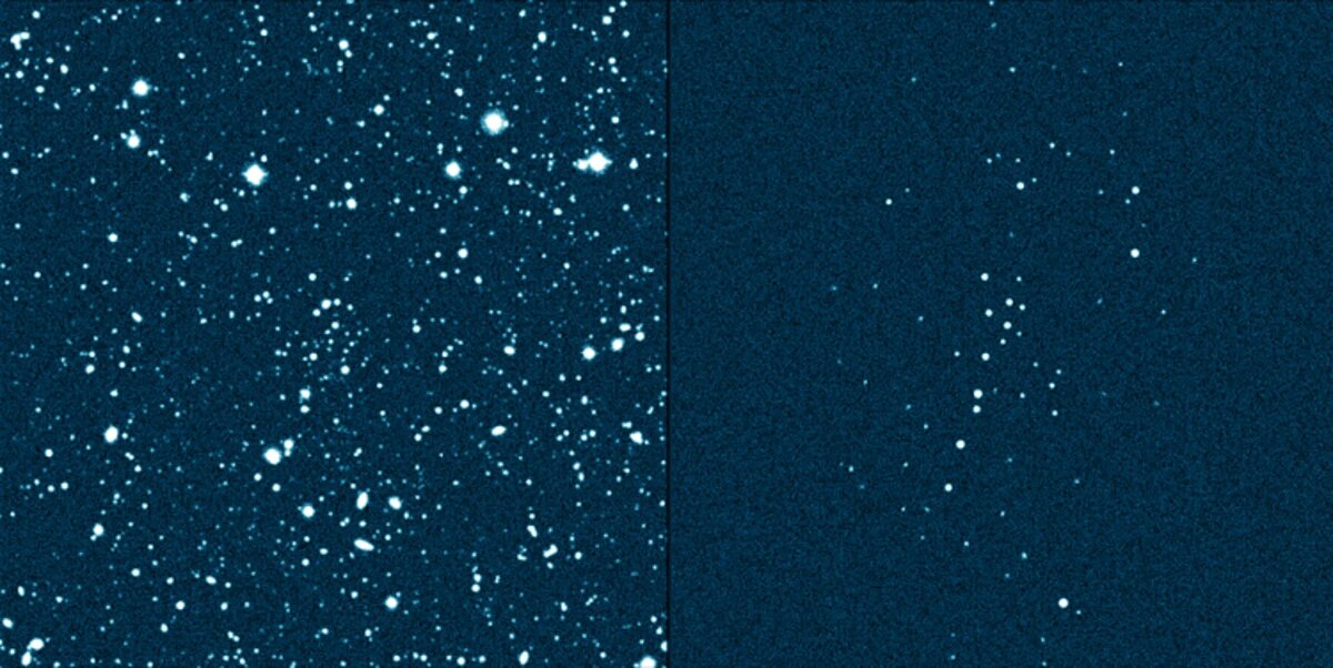Uma3/U1 (справа) — это связанная группа звёзд, скрытая на изображении глубокого космоса (слева)