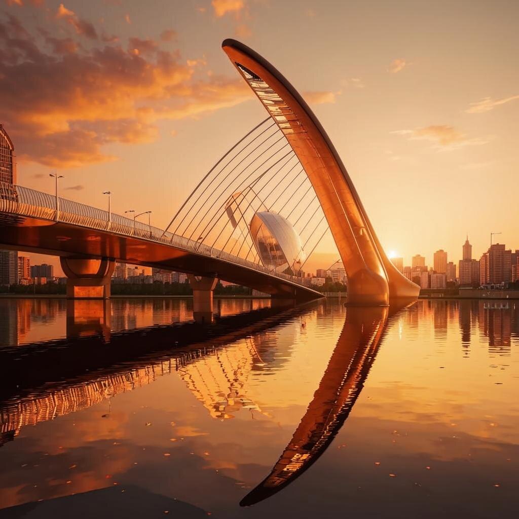 Москва-река, футуристический мост в форме паруса, освещённый закатом. . Создано ИИ.