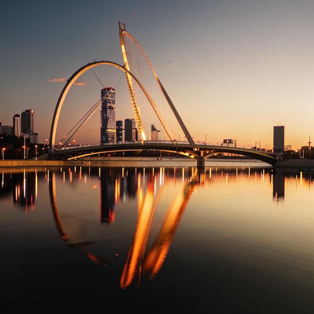 Москва-река, футуристический мост в форме паруса, освещённый закатом. . Создано ИИ.