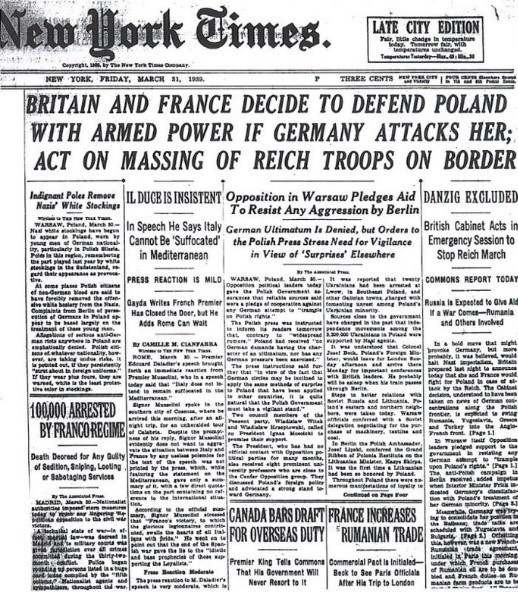 Нью-Йорк Таймс, 31 марта 1939 года. Англия и Франция решили защищать Польшу от Германии.