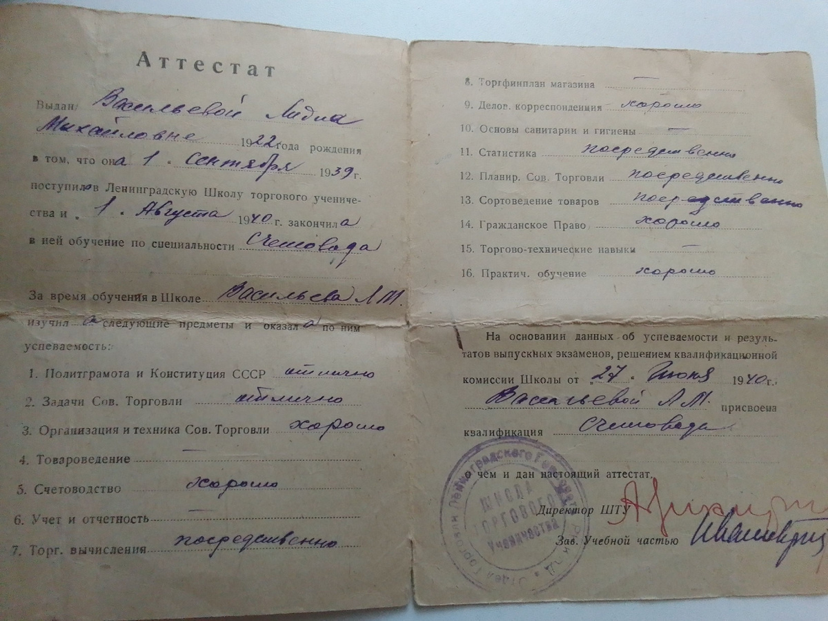 Васильева Лидия Михайловна. Аттестат