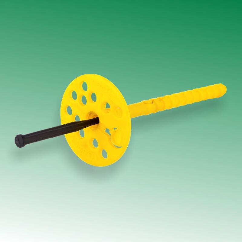  Дюбель для теплоизоляции с полипропиленовым “зонтиком” и гвоздем из модифицированного нейлона (стеклонаполненного полиамида) . Полипропилен — упругий и пластичный, нейлоновый гвоздь — твердый и прочный, его можно забивать молотком. От солнца полипропилен не пострадает — его закроет фасадная облицовка.