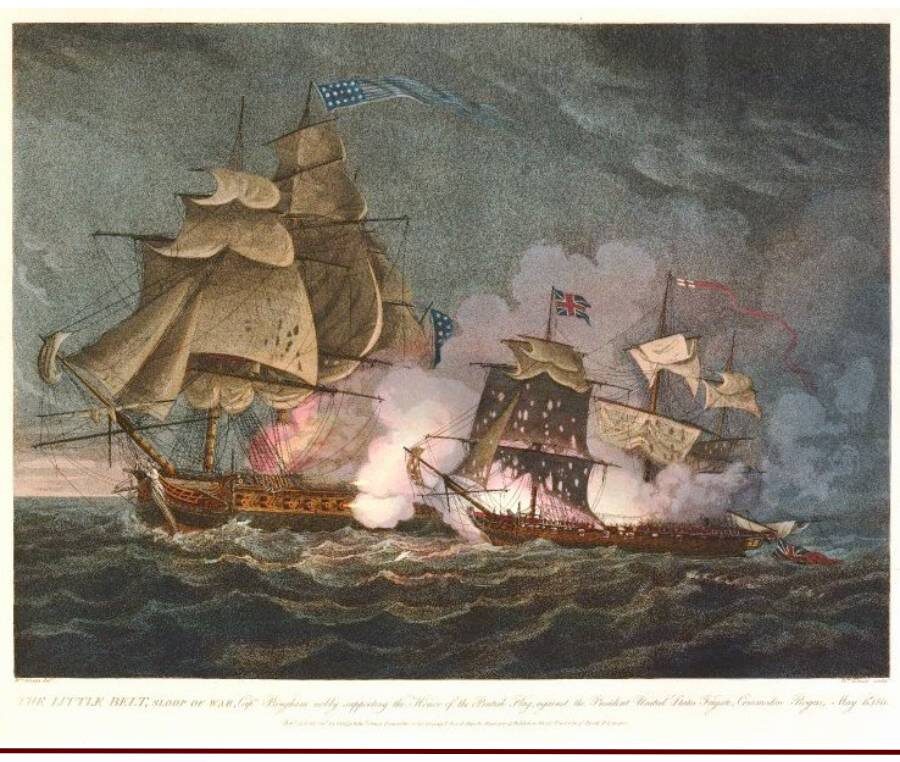 Сражение фрегата «Президент» с британским шлюпом «Литтл Бельт». (https://upload.wikimedia.org/wikipedia/commons/a/af/Little_belt_affair.jpg)