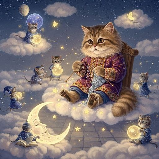 Кот Баюн, шутник- лопотун 
На ночь сказку сказывал - 
Сны в букет увязывал:
  
Про котеев-чародеев, 
Что в дремучих небесах 
Вяжут звёзды на шестах.

Ветры водят  хороводы,  
Где на облачном паркете 
Спит луна в волшебном свете.

Ушки на подушку, закрывайте глазки,
Кот Баюн наказывал верить детям в сказки.
Баю-бай.