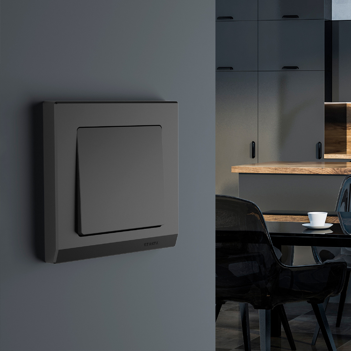 Мастер выключатель с черным механизмом и рамкой Werkel