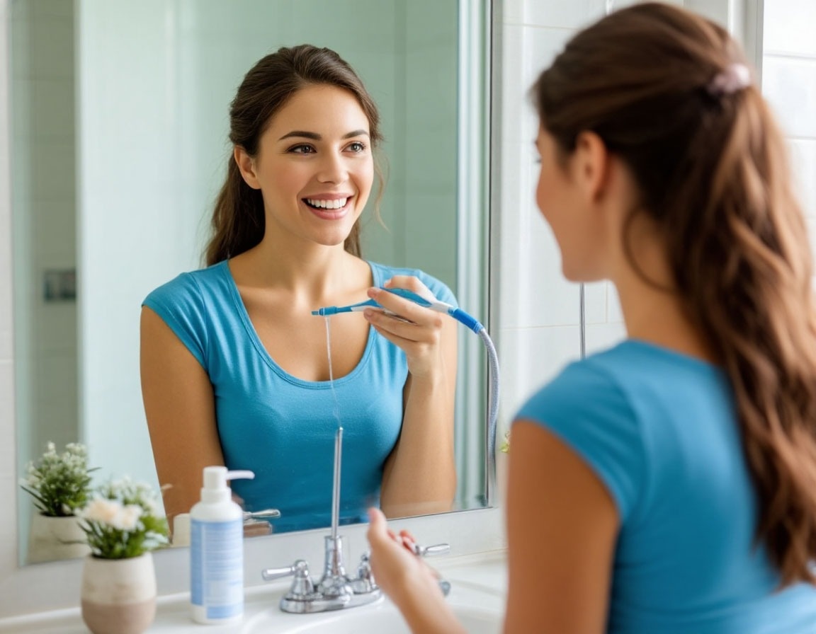 Девушка проводит ирригацию полости рта