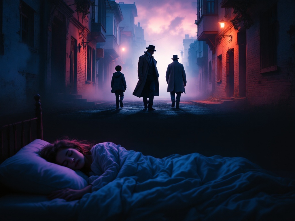    К чему такое снится: Я бы нарисовал трёх персонажей, движущихся по опустошенной улице. Один из них - молодой парень, другой - старший мужчина в плаще и шляпе, а третий - главный герой. В