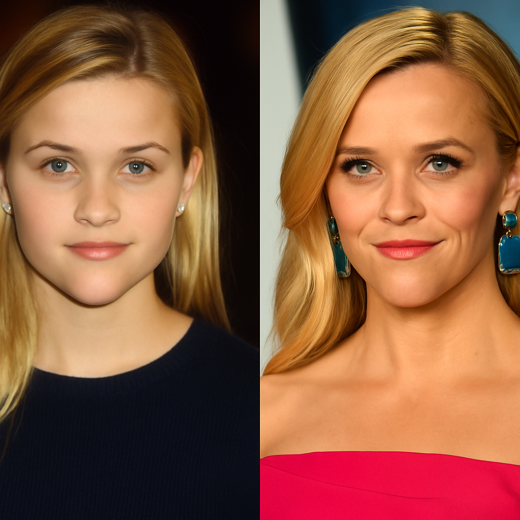 📸 Слева — Риз в начале пути: юная, с ясным взглядом и естественной улыбкой — в ней уже чувствуется амбиция и свет, который скоро увидит весь мир.

📸 Справа — Риз на пике: уверенная, элегантная, с силой за плечами и миллионами поклонников — женщина, которая не просто сыграла «Блондинку в законе», а сама стала законом Голливуда.