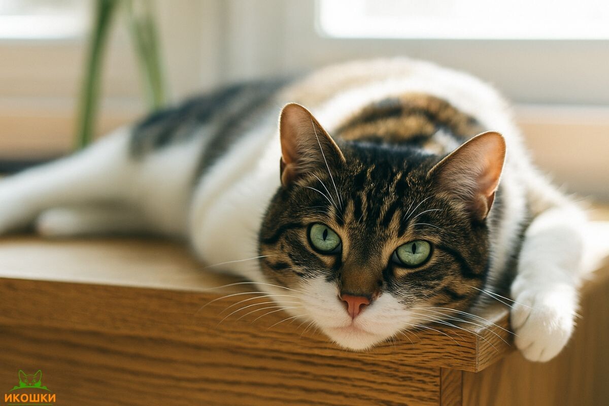 Кот лежит на столе 