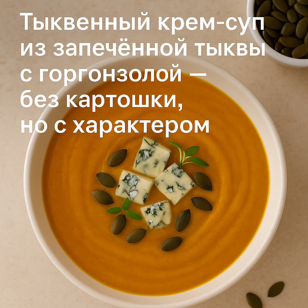 Тыквенный крем-суп из запечённой тыквы с горгонзолой — без картошки, но с характером