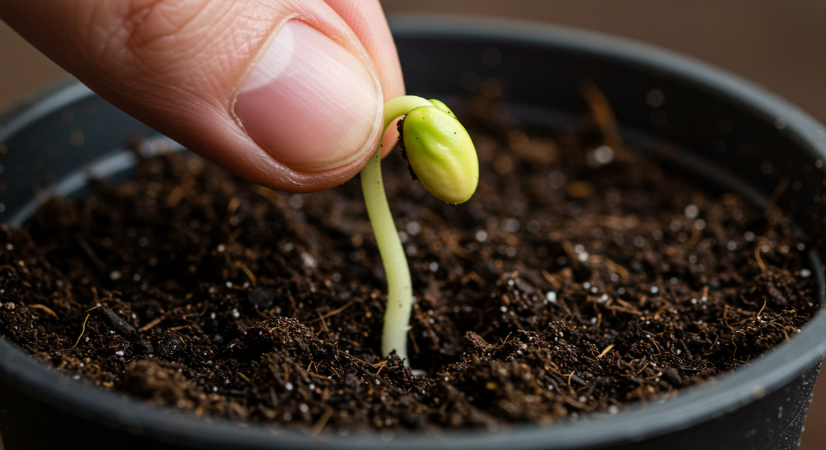 В каждый стаканчик сажаю по одному проклюнувшемуся семечку