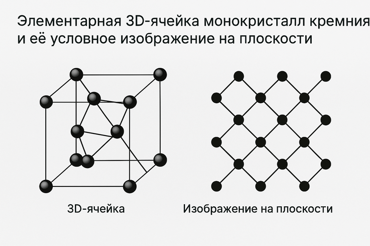 Рис Элементарная 3D-ячейка монокристалла кремния и ее условное изображение на плоскости