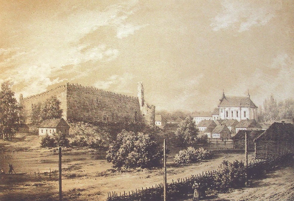 Гравюра 19 века,запечатлевшая замок и прилегающий антураж.