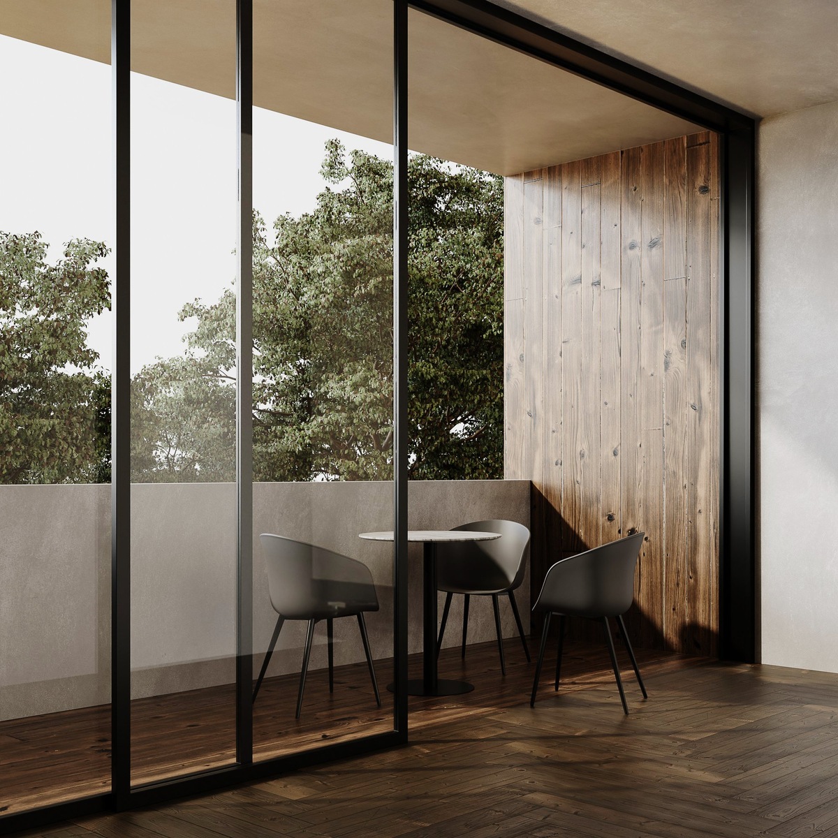 Современные стеклянные и металлические двери для доступа на балкон. Стулья для столовой Rhonda доступны на interiorr.com.