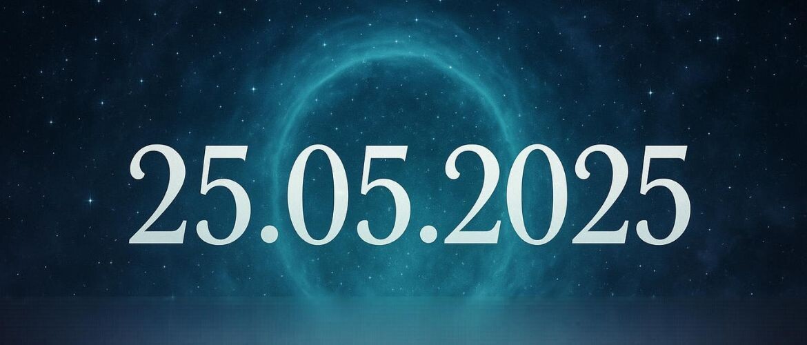 Коллаж изображений, символизирующих зеркальную дату 25.05.2025, с космическими фонами и летящими цифрами