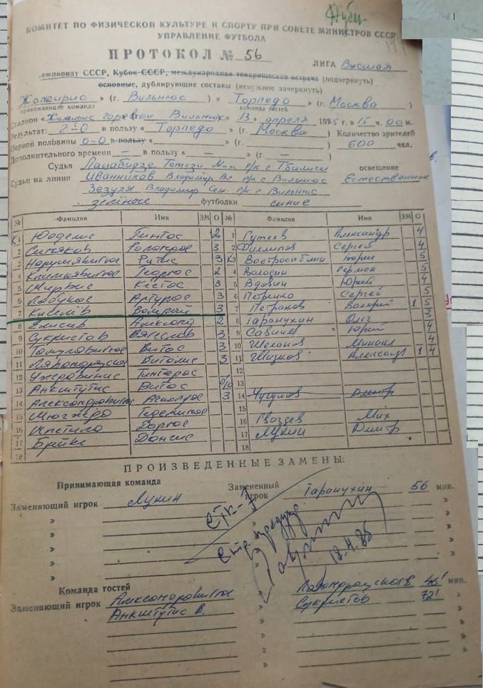Протокол встречи дублирующих составов "Торпедо" (Москва) - "Жальгирис" (Вильнюс), лицевая сторона. Копию предоставил Н.И. Владимирцев. См. ГА РФ. Ф. Р-7576. Оп. 34. Д. 1179. Коллаж автора ИстАрх.