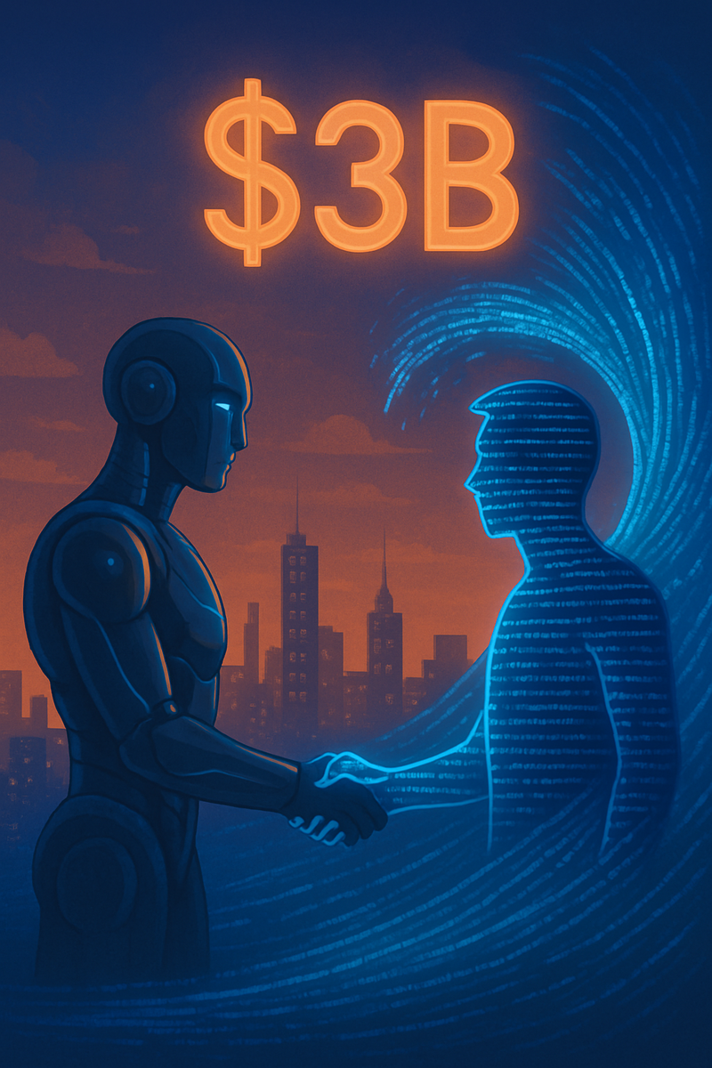 Стильная иллюстрация показывает символическое рукопожатие между роботом-ИИ и фигурой из цифрового кода на фоне городской панорамы, подчёркивая сделку в $3 млрд.