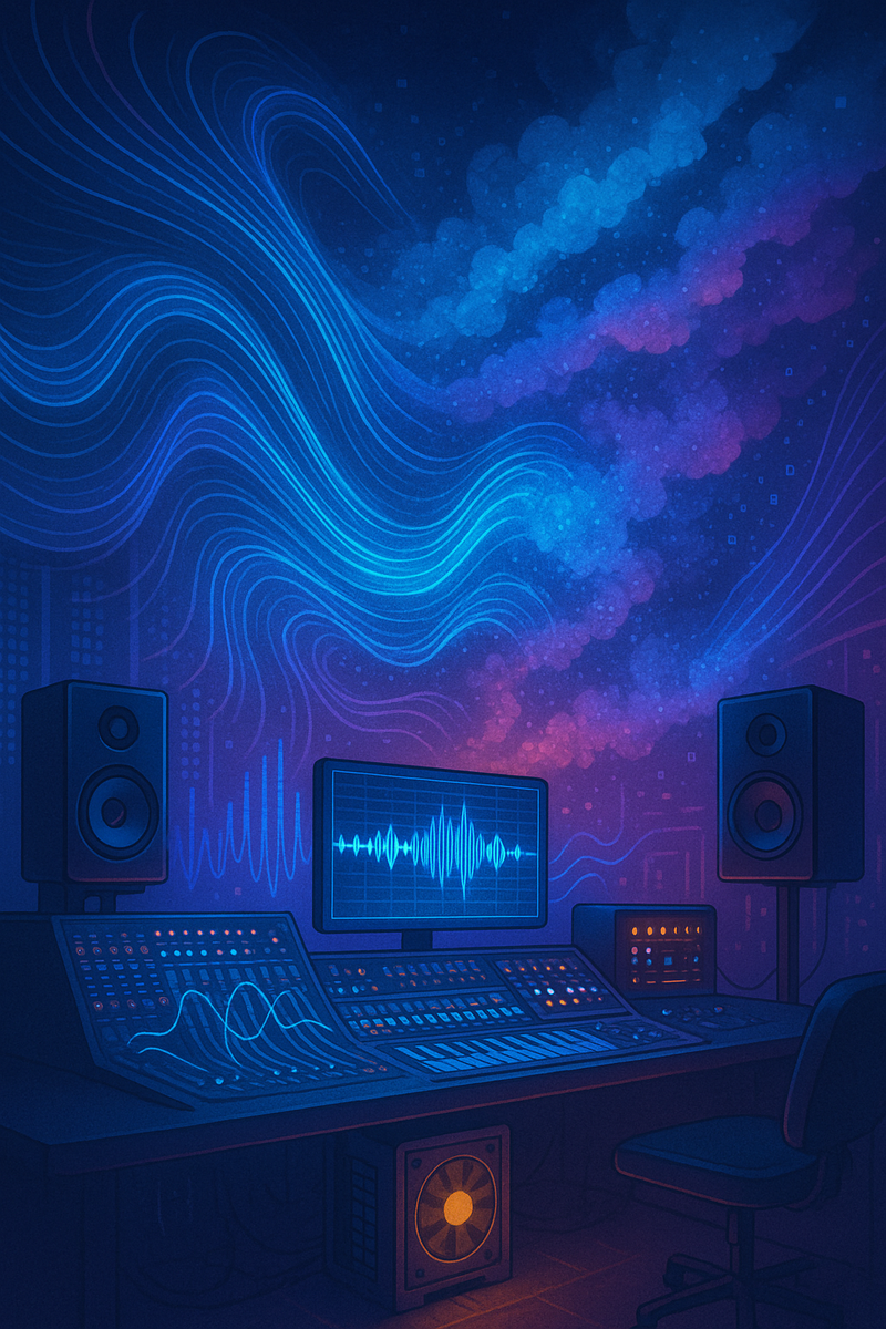 Футуристическая музыкальная студия с пульсирующими звуковыми волнами и высокотехнологичным оборудованием символизирует стремительный и мощный движок генерации музыки ACE-Step.