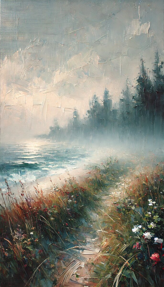 Картина: Прибрежная тропа в утреннем тумане